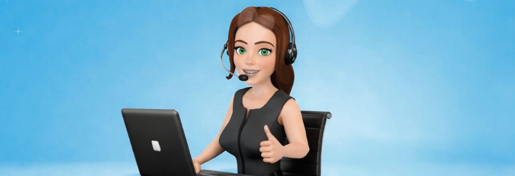 3D cartoon woman with green eyes wearing a headset, seated at a laptop, giving a thumbs up and smiling in a blue studio background.