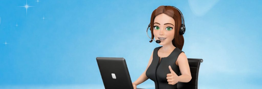 Cartoon woman with a headset sits at a laptop and gives a thumbs-up, signaling help is available in customer support.
