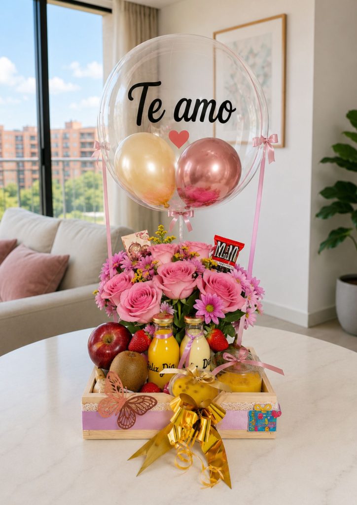 Clear balloon with the words 'Te amo' in black script, perched above a pink flower bouquet and a fruit and juice gift box on a table.